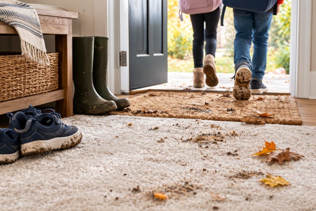 dirt and debris tracked onto carpet during fall