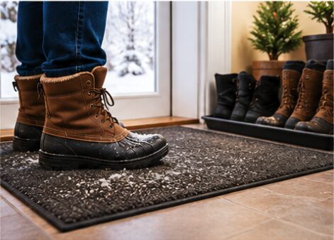 Boots on entryway mat to preveent salt and dirt from reaching carpet